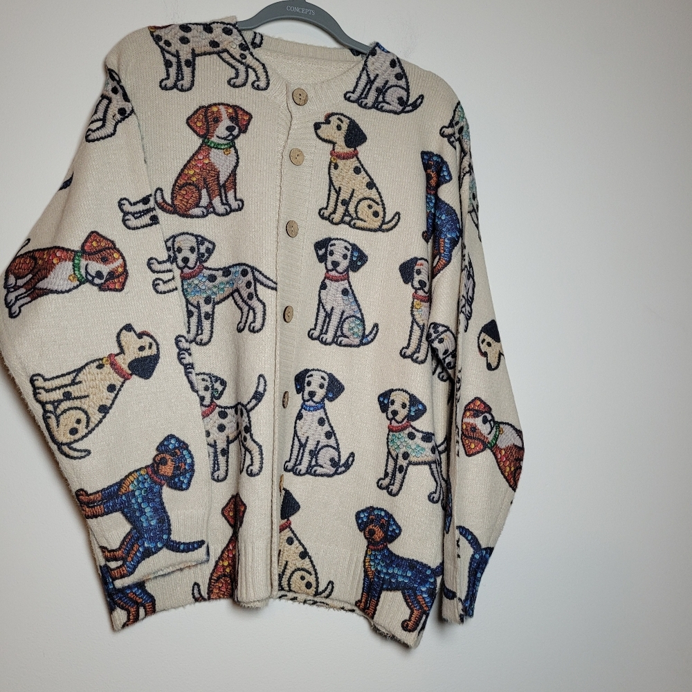 Women Cardigan Sweater Dog Prints XL Button Up Long Sleeve Grandma Fun